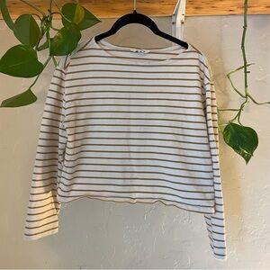 Lucky Brand Cream and Brown Cropped Striped Long Sleeve Top